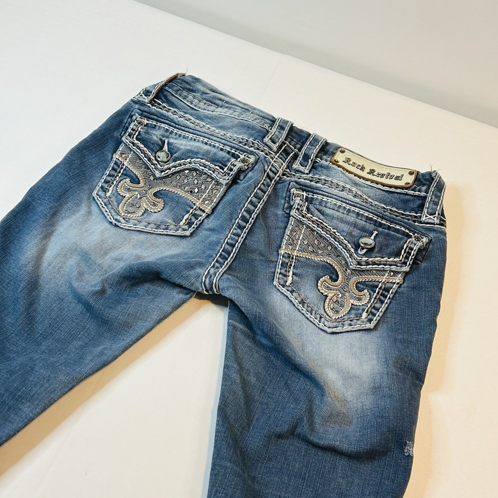 Rock Revival Avery Straight Jeans Womens 27 4 Rhinestones Thick Stitch Blue